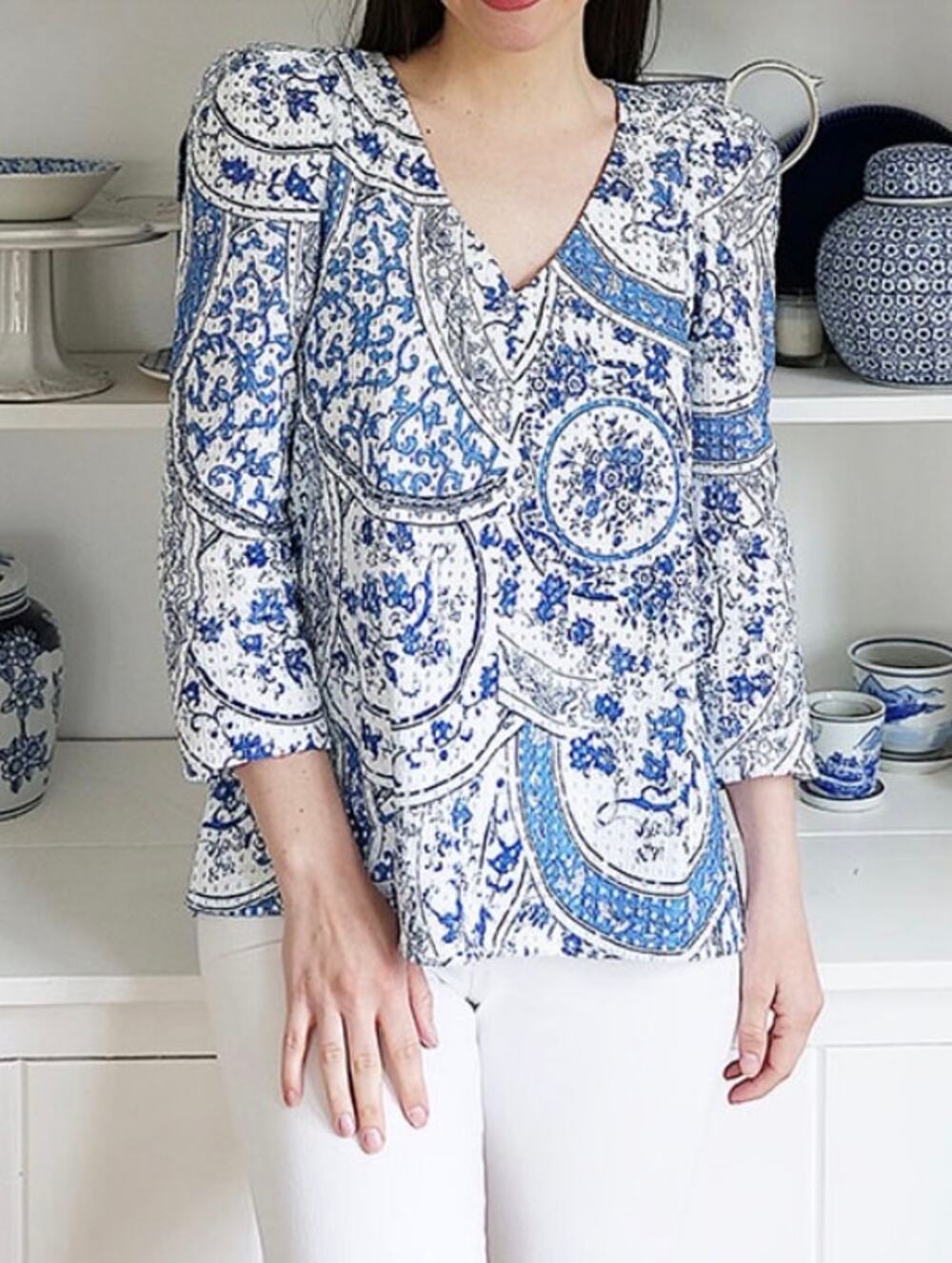 Tuckernuck Blouse Porcelain Blue & White Floral Tetley Top 100% Cotton size XS